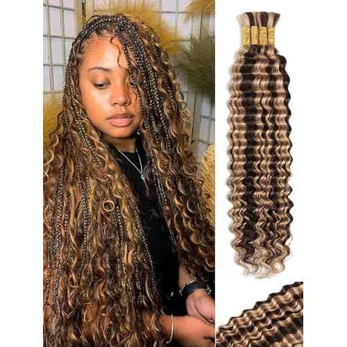 Ombre Human Braiding Hair Deep Wave Bulk Human Hair for Boho Braiding 22 Inch 100 g 4 Bundles 10A P4/27 Highlight Wet and Wavy Honey Blonde Curly Human Hair Extensions