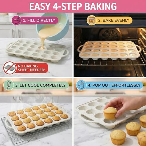 BAKE BOSS Mini Muffin Pan – 24 Cup Silicone Molds, 2 Pack