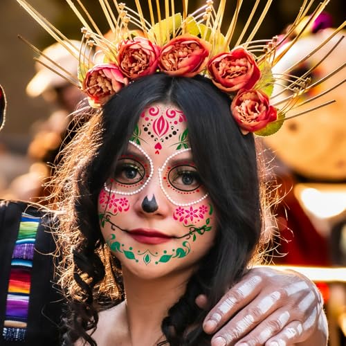 Day of Dead Glitter Tattoos - 6 Sheets Skeleton Face Stickers