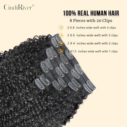 Curly Clip in Hair Extensions,Real Human Hair Afro Kinky Curly Clip in Hair Extensions for Women,Remy Human Curly Clip ins Human Hair 8 Pcs with 20 Clips,14 inch