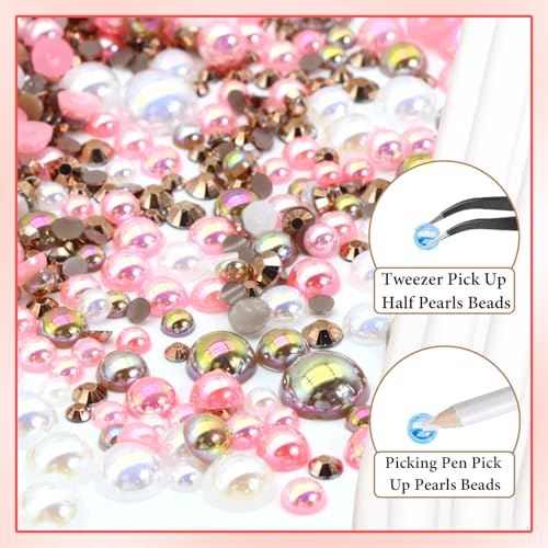 RODAKY 60g Mix Pearls and Rhinestone with B7000 Glue for Crafts,3MM-10MM Flatback Rhinestones Half Round Pearls for Nail,Jelly Rhinestones Nail Design Tumblers Face Art with Tweezers Wax Pen