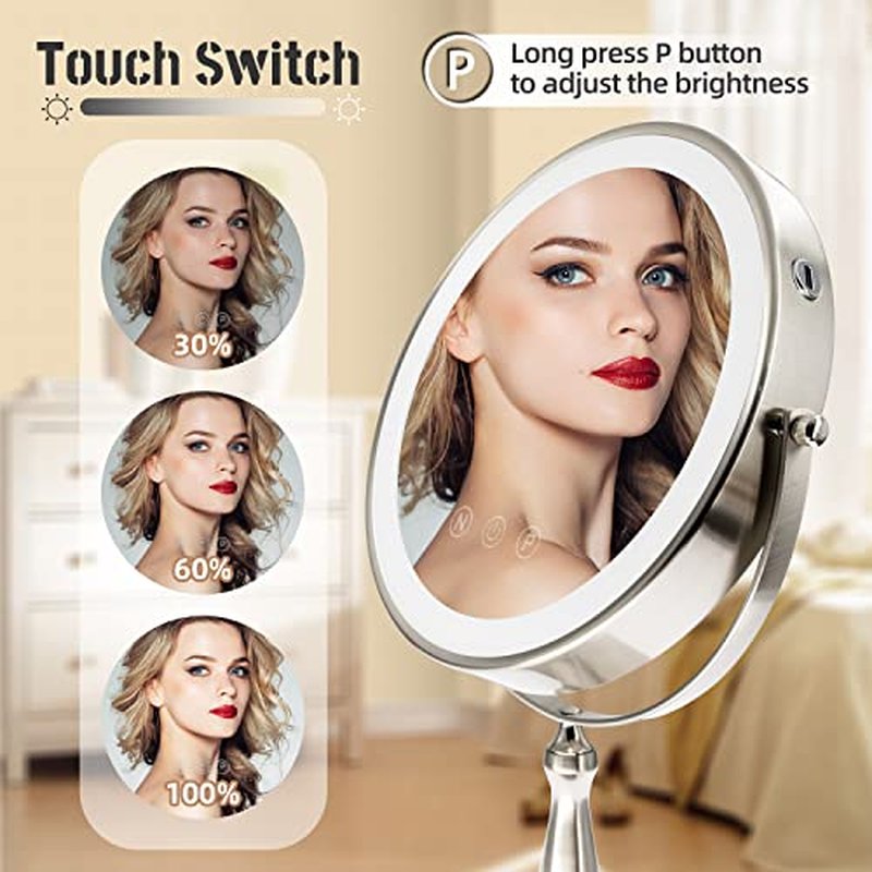 9 "Large Light Makeup Mirror, 1x / 10x True HD Magnifying Mirror, 3-Color Light dimmable, 2 Rechargeable Makeup Mirrors 360¡Æ Rotation, Standing Desk Makeup Mirror, Brush Nickel