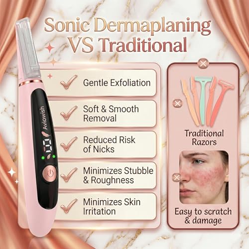 Sonic Dermaplaning Razor for Women face ? Beginner-Safe & Sensitive Skin Friendly, Controlled Exfoliation to Remove Peach Fuzz & Dull Skin ? 3 Precision Speeds ? 12 Blades&LED Light