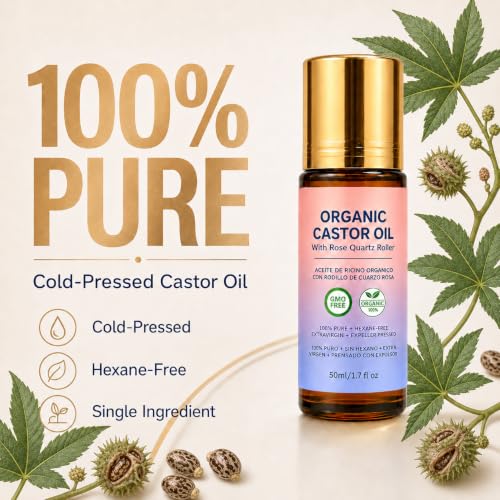 Castor Oil Roll-On with Rose Quartz Roller - 100% Pure Cold-Pressed 1.7 Fl Oz