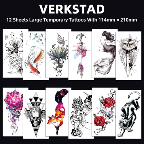 VERKSTAD Christmas 12 Sheets Temporary Tattoos for Men Women Adult, Half Arm Sleeve Waterproof Fake Temp Tattoo Stickers, Fox Tiger Mermaid Sexy Tattoo Hand and Body Art Parties