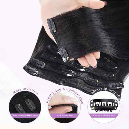 Clip in Hair Extensions Real Human Hair,100% Seamless Remy Human Hair Straight,Clip Extensions for Women, 8pcs Per Set with Double Weft,1B Natural Black,18inch 100g/3.5oz