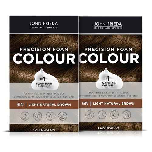John Frieda Precision Foam Colour, Light Natural Brown 6N, Full-coverage Hair Color Kit, Anti-Fade Gray Coverage, Deep Color Saturation Hair Dye, Pack of 2
