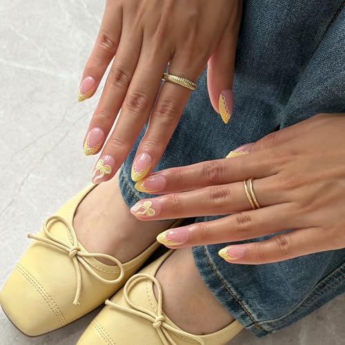 BTArtbox Short Almond French Tip Press On Nails - Sunny Side 32 Pcs Full Kit