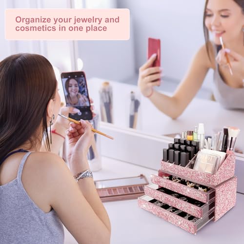 KEYPOWER Makeup Organizers Drawer Bling Diamond,Fashion Countertop Jewelry Cosmetic Storage Display Boxes,Makeup Brush Holder, Cosmetic Holder,2 Pieces Set(Purely Handmade)(Pink)