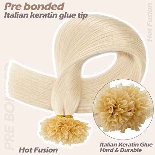 S-noilite U Tip Hair Extensions Human Hair Blonde U Tip Fusion Hair Pre Bonded Nail Tipped Hair Italian Keratin Glue Remy Human Hair Straight 100 Strands/50g 16" (#60 Platinum Blonde)