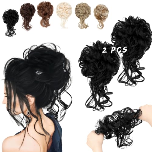 Messy Bun Hair Piece with Tendrils - Wavy Curly Ponytail Extensions (2 Pack)