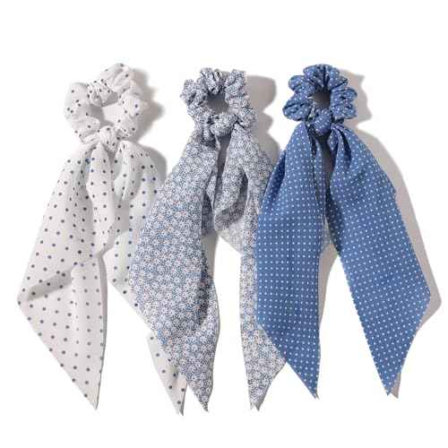 LFOUVRE Elastic Hair Scrunchies and Ribbons - Knotted Bow Hair Ties, Scarf Scrunchies Ponytail Holders for Women and Girls 3pcs