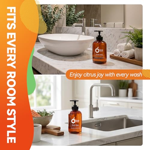ORANGE HOUSE Natural Liquid Hand Soap, Food-Grade Orange Oil Moisturizing Hand Wash, Plant-Based & Hypoallergenic, Gentle for Sensitive Skin, Non-Toxic Citrus Scented Soap, 12 Fl Oz (6 Pack)