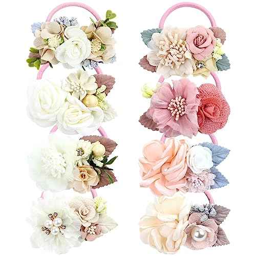 Cinaci 8 Pack Decorative Pearl Flower Hair Ties Rubber Bands Floral Ponytail Holders Hair Scrunchies Ropes Elastics Accessories for Toddlers Kids Teens Girls
