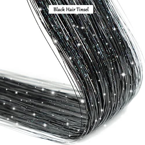 Black Hair Tinsel Kit with Tool Fairy Hair Tinsel Heat Resistant Tinsel Hair Extensions 48 Inch 1200 Strands Sparkling Shiny Glitter Hair Extensions for Women Girls Kids (Black)