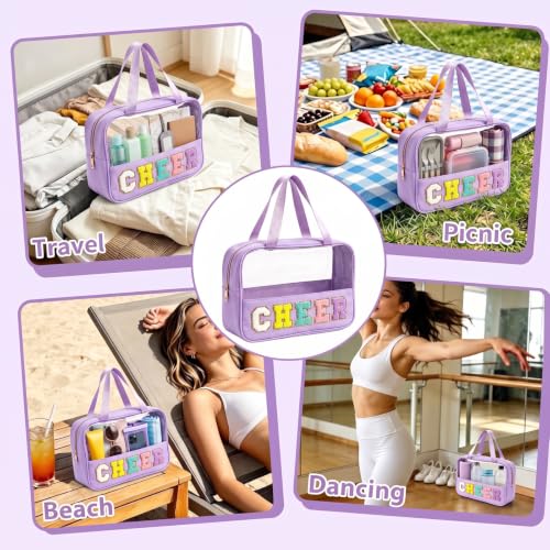 KRYZMET Cheer Purple Makeup Bag with Chenille Letter Patch Waterproof Nylon Travel Organizer for Girls Women