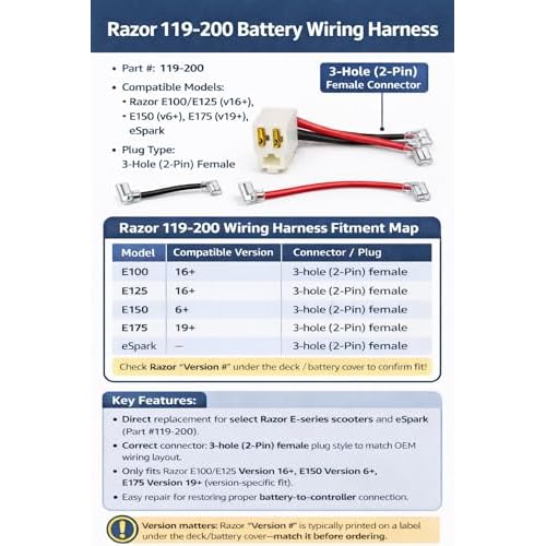 Razor Replacement Battery Wiring Harness 119-200 for E100 E125 E150 E175 Zyrella