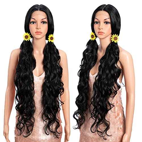 Style Icon 36" Lace Front Wigs Multi-Layered Super Long Big Curl Black Wigs With Baby Hair 130% Density Heat Resistant Fiber Synthetic Wig (36 Inch, 1B)