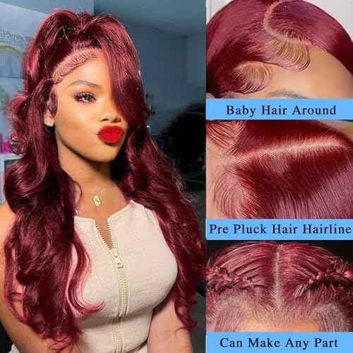 99j Burgundy Lace Front Wigs Human Hair 13x4 Body Wave Lace Front Wigs Human Hair Pre Plucked Glueless Red Wig Wine Red Wig for Women 180% Density 20Inch