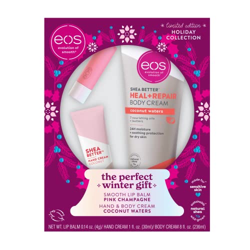 eos Limited Edition Holiday Collection- Pink Champagne Lip Balm, Coconut Waters Hand & Body Cream, Winter Gift Set, Made for Sensitive Skin, 3-Pack