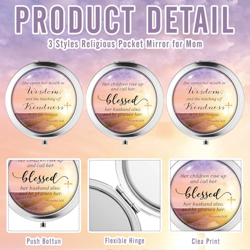 24 Sets Mother's Day Church Gifts Bulk Christian Compact Makeup Mirror Bible Verse Round Pocket Mirror with Gift Cards Organza Bags for Women