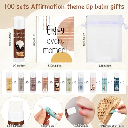 Leelosp 100 Sets Christmas Thank You Gift Lip Balm Bulk, Positive Affirmation Gifts Set with Positive Daily Affirmation Cards, Inspirational Appreciation Gift for Stocking Stuffers