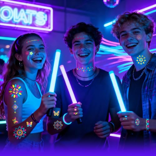 Glow in the Dark Tattoos 256+ PCS ? Luminous Party Supplies Neon Body Paint UV Face Temporary Tattoos for Adults Teens, 32 Sheets Neon Accessories Party Favors & Decorations