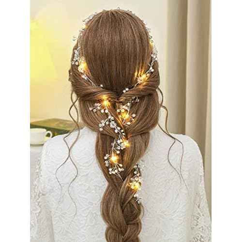 Yean Led Bride Wedding Hair Vine Long Light Up Bridal Headband Silver Crystal Hair Accessories Crystal Costume Party Headpiece for Women and Girls (100cm / 39.3inches)