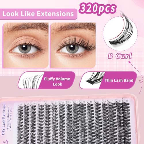 Lash Clusters Wispy 9-16mm 320pcs Volume Lash Extensions D Curvature Individual Lashes DIY Eyelash clusters Lashes fluffy false eyelashes(40D,0.07,9-16mm)