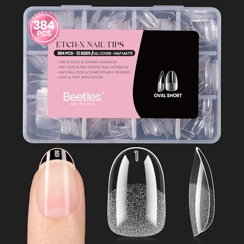 Beetles Oval Short Gel Nail Tips A- 384pcs, 12 Sizes, Pre-Etched, No Shaping Needed