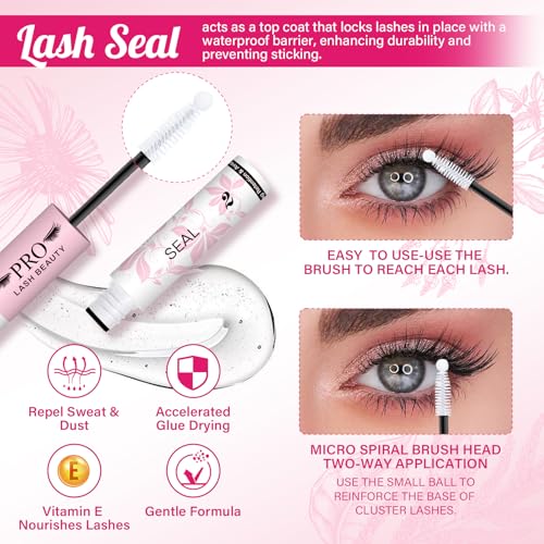 PRO LASHBEAUTY Lash Bond and Seal Waterproof 10ML Eyelash Bond and Seal Lash Glue for Lash Clusters 72 Hours(10ml,5ml Bond & 5mlClear Seal)