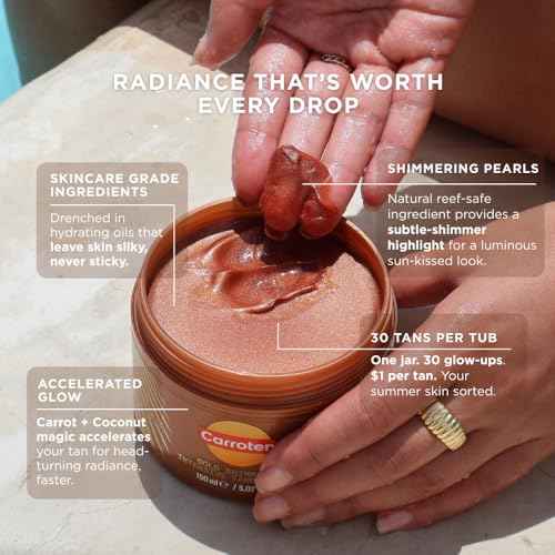 Carroten Gold Shimmer Tanning Gel | Browning Indoor/Outdoor Tan Accelerator | Non-Greasy, Water-Resistant with Carrot & Coconut Oil | Vitamin A & E For Moisture & Hydration | Made in Greece | 5 Fl Oz