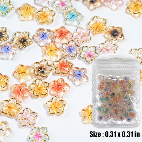 50Pcs Flower Nail Charms 3D Lovely Flower Charms Nail Rhinestones Gold Edge Glaze Design Resin Nail Jewels Colorful Floral Nail Art Charms Supplies Cherry Blossom Petals Nail Gems for Acrylic Nails