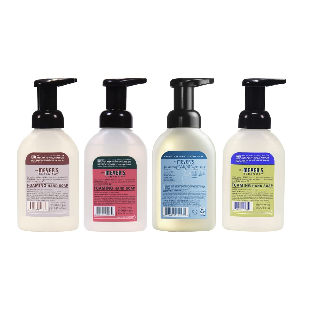 MRS. MEYER'S CLEAN DAY Foaming Hand Soap 4 Scent Variety Pack, 1 Rain Water, 1 Lavender, 1 Lemon Verbena, 1 Watermelon, 10 OZ Each, 1 CT