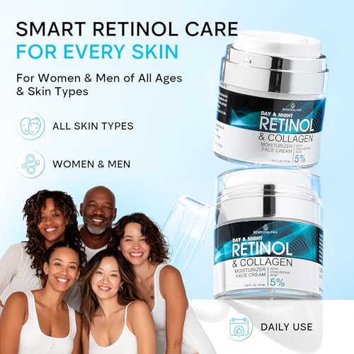Face Moisturizer Retinol Cream, Anti Aging Neck Firming Cream, Collagen Day & Night Face Cream with Hyaluronic Acid for Women & Men, 1.85 Fl Oz