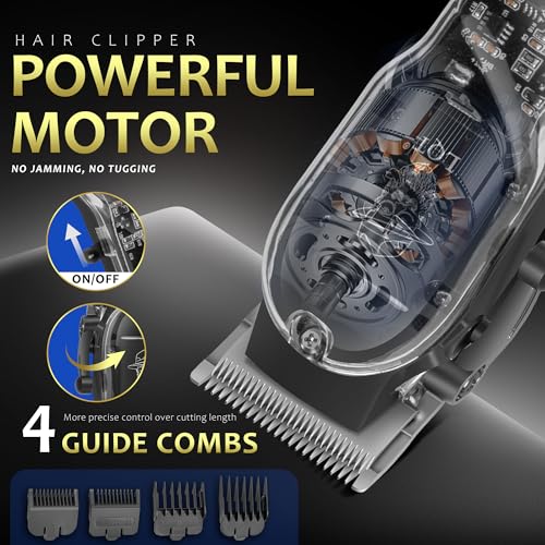Hair Clippers for Men with LED Power Display, 3-Piece Professional Grooming Kit with Magnetic Attachment Shaver & Nose Trimmer, Complete Cordless Rechargeable Barber Set for Home (Black)