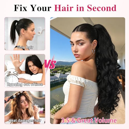 24 Inch Claw Clip Ponytail Extension Curly Wavy Black