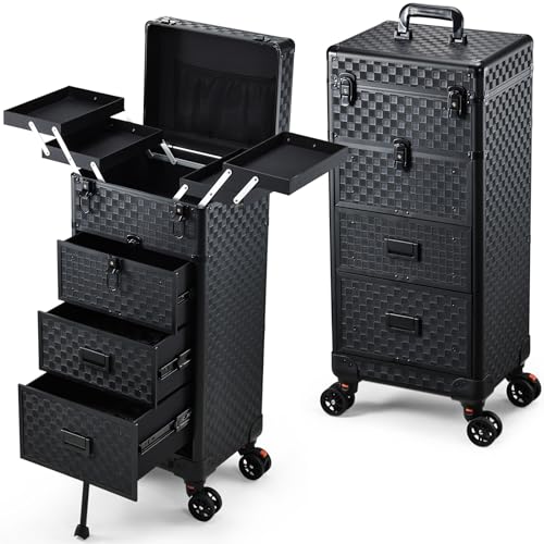Rolling Makeup Case with 3 Drawers & Foot Stand for Artists