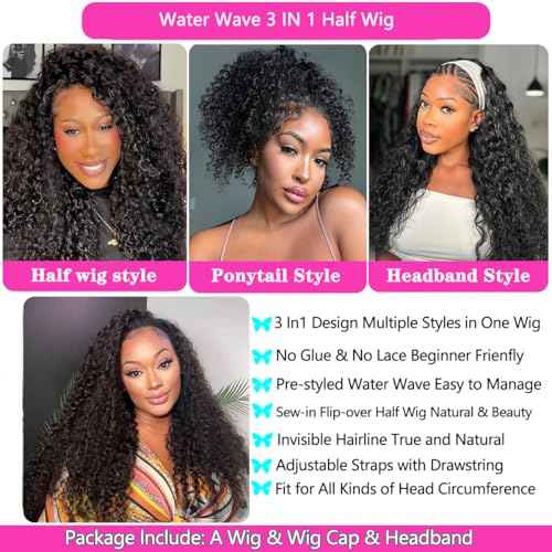 Water Wave Half Wig Human Hair 200% Density 3 in 1 Drawstring Seamless Flip Over With Adjustable String Invisible Hairline Headband Wig Beginner Friendly Glueless Wear and Go Human Hair Wig for Women