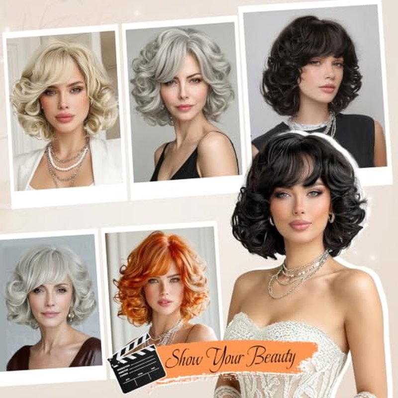 Haloo 12 Inch Light Blonde Short Wig with Bangs - Wavy Curly Synthetic Hair