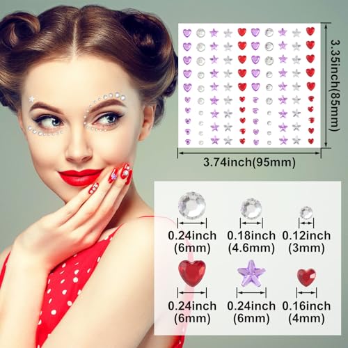 2 Sheets Star Heart Face Gems Stickers Red Purple Clear Eye Jewels Rhinestones Round Crystal Makeup Tattoo Halloween Rave Bachelorette Party Festival Accessories for Women