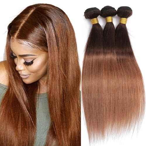 12A Ombre Bundles Human Hair Straight Human Hair 100% Unprocessed Virgin Remy Hair Bundles 2 Tone Black to Honey Brown Human Hair Extensions (T4/30, 12 14 16)
