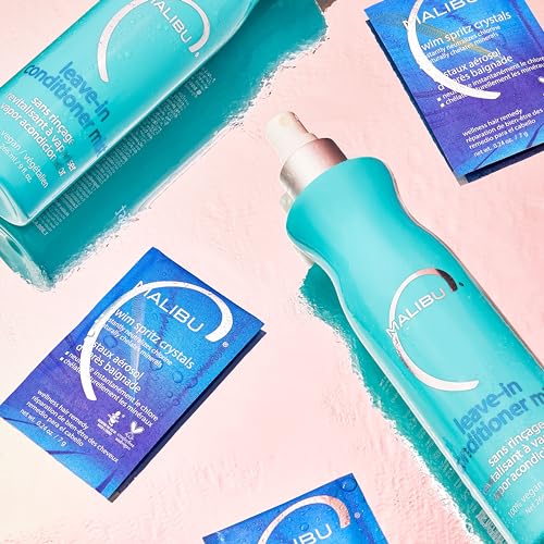 Malibu C Leave-In Conditioner Mist Moisturizing Heat Protectant for All Hair Types (9 oz), Hard Water Wellness Hair Remedy (3 Packets) Moisture, Repair & Mineral Buildup Removal