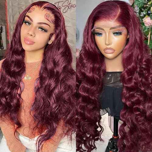 99J Burgundy Lace Front Wigs Human Hair 200% Density Glueless 13x4 Wine Red Body Wave HD Lace Front Wigs Human Hair Pre Plucked 24 inch