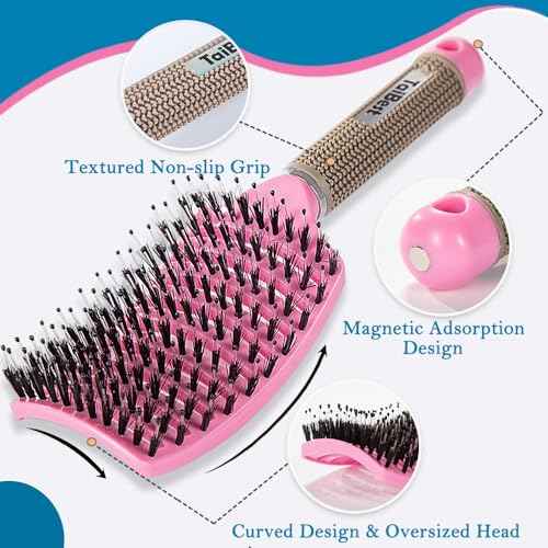 Boar Bristle Brush Set - Dry/Wet Detangler for Fine, Thick, Curly Hair - Curved and Vented Brush for Women, Men or Kids