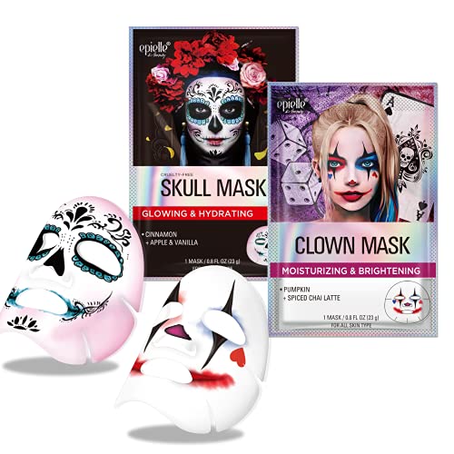 Epielle Halloween Character Sheet Masks - Clown Mask, Skull Mask - Korean Beauty Masks For All Skin Types Purifying & Soothing Facial Masks (4pk)