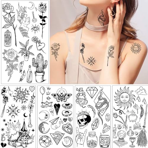 GLARYYEARS 150+ Pattern Black Tiny Temporary Tattoo, Hands Face Halloween Tattoo Sticker for Men Women, Flower Space Moon Snake Designs Body Art on Arm Neck Shoulder Clavicle Waterproof