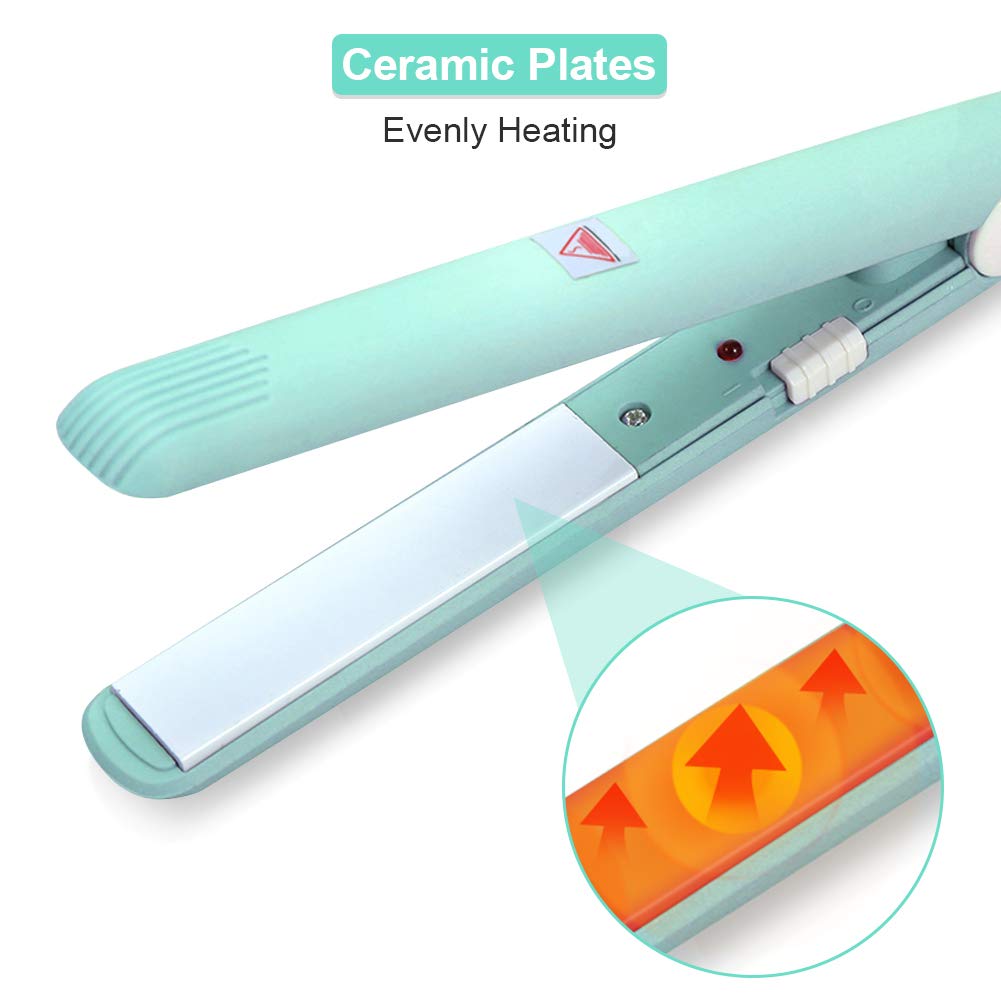 Mini Hair Straightener Ceramic Tourmaline Plate Flat Iron Curler Small Lightweight Portable Hair Styling Straightening Plate Curling Iron with Quick & Easy Heating for Women Girls(Matcha Green)