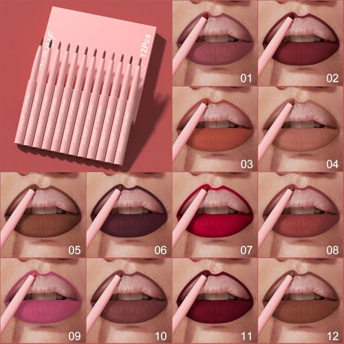 12-Color Matte Lip Liner Set, Waterproof & Long-Lasting