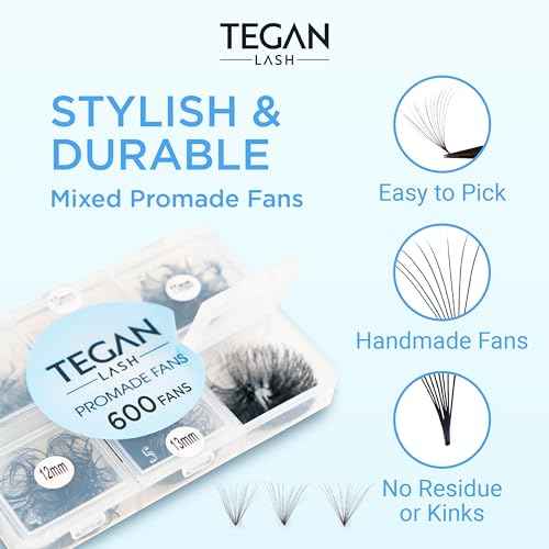 TEGAN LASH Promade Fan Mix Eyelash Extensions, From 3D - 16D, 0.03/0.05/0.07, C/CC/D, 9-15mm, Pre Made Eyelash, Easy Apply Premade False Eyelashes, Pesta?as Abanicos Extensiones (5D, 0,07, C, Mix)